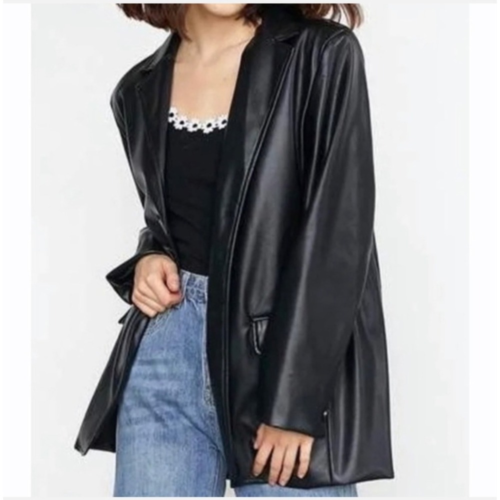 Joie Womens Black Faux Leather Two Button Blazer Jacket Size Medium M Oversized
